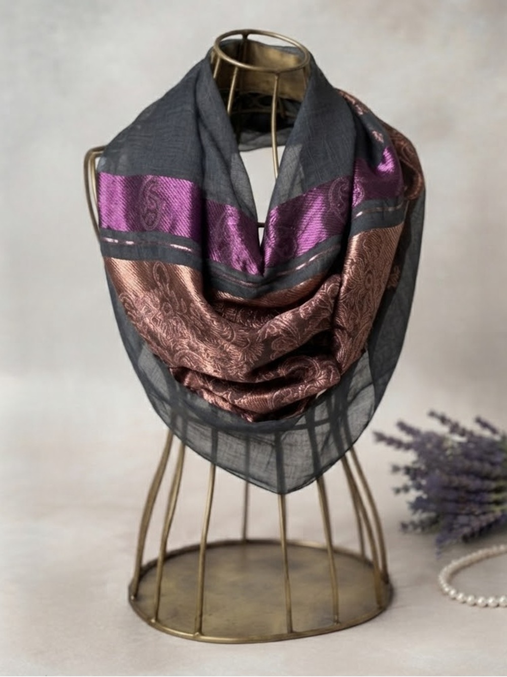100% Silk Sheer Scarf Black Metallic Rose Gold Purple Paisley